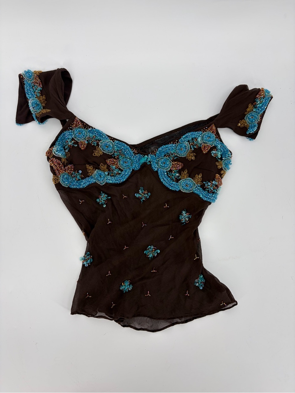 Embellished Brown Off-Shoulder Top with Turquoise Beading